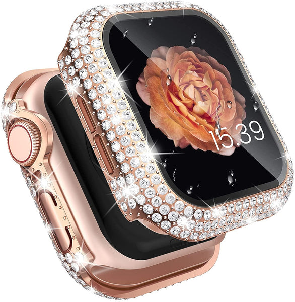 iWatch Accessories #218 = Tempered Glass w/ gold double Diamond  Case Cover For Apple 38mm, 40mm, 42mm, 44mm, 45mm, 49mm,