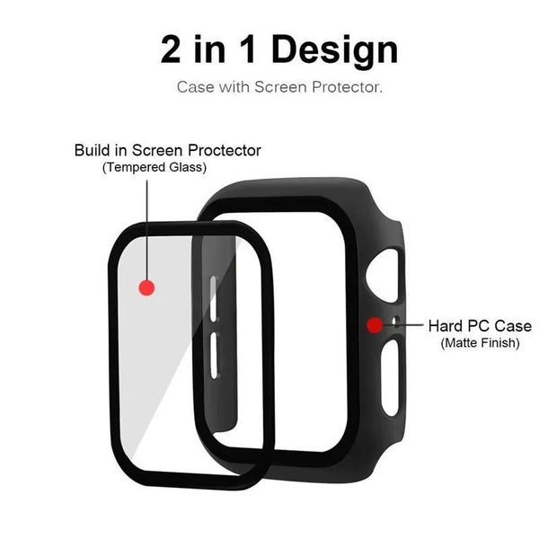 iWatch Accessories #220 = Tempered Glass w/ Matte Hard Watch Case Cover For Apple 38mm, 40mm, 42mm, 44mm, 45mm, 49mm,