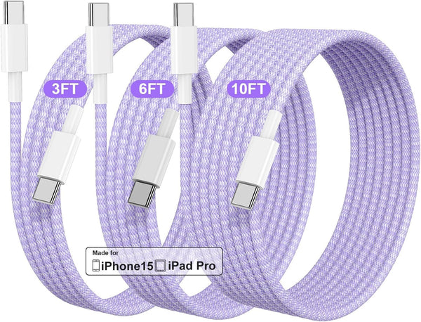 Type C charger Cable #231 = 60W USB C to USB C 1 Cable 3ft Long Braided PURPLE