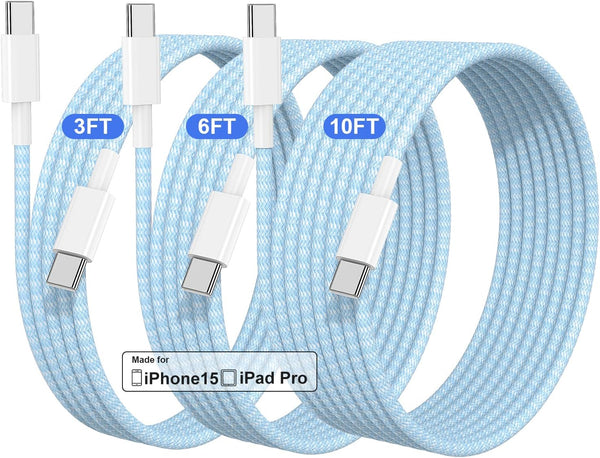 Type C charger Cable #230 = 60W USB C to USB C 1 Cable 3ft Long Braided BLUE