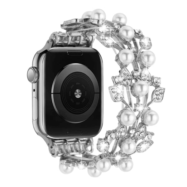iWatch Accessories #37 = For Apple Watch Size 38/40/41mm Pearl Diamond Zinc Alloy Watch Band - Silver