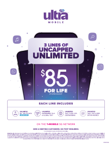 BYOP = Ultra Mobile PROMO 3 LINES = $85 Unlimited Talk, Text, Data + Sim Kit + New Number