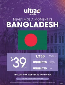BYOP = Ultra Mobile BANGLADESH $39 Unlimited Talk & Text, 15GB Data + Sim Kit + New Number