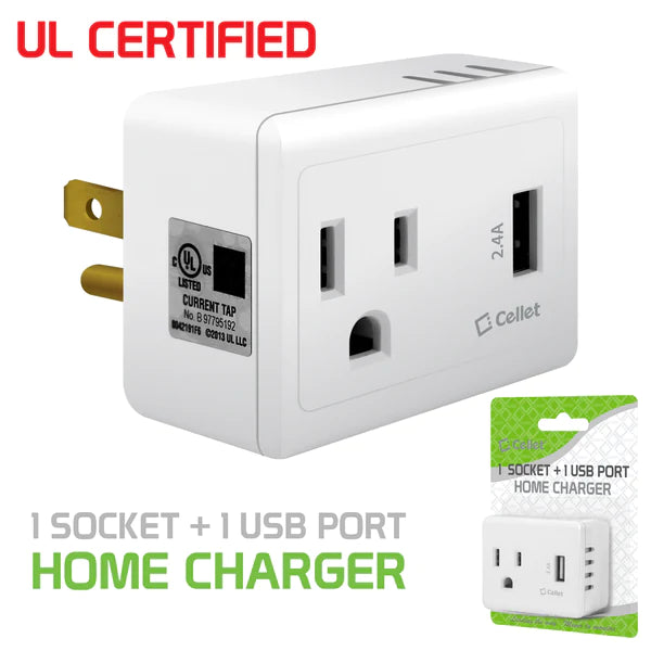 Charger Power Adapter #190 = 1 Outlet + 12Watt (2.4Amp) USB Port Travel Charger