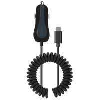 Type C Charger #26 = High Powered 3 Amp / 15 Watt Type-C USB Car Charger with Extra USB Port & Attached 6ft coiled cable