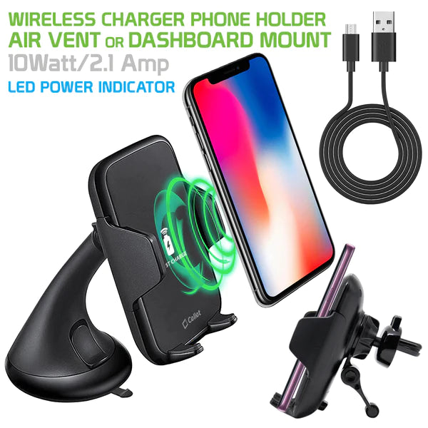 Wireless Charger #203 =  2-in-1 Wireless Charging Phone Mount, Fast Wireless Charging (10 Watt/2.1 Amp) Air Vent and Dashboard Phone Mount