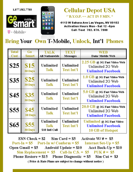 Go Smart Payment = $55  Unlim Talk, Text & Data, Plus Int'l Calling** + $10 ILD Credit*** Completely Unlimited Data at 3G Speed + 10 GB Hotspot