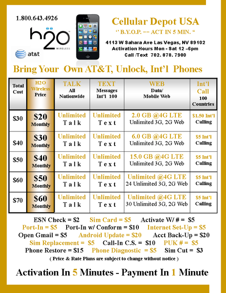 H2O Wireless $60 Unlimited Int'l Talk, Text & 60gb Data +15GB Hotspot   + Sim Kit + New Number
