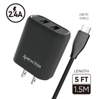 Type C Charger #97 = 2.4A Combo (Wall Adapter with 2 USB Ports + Single Cable) PVC 1.5M / 5FT For Type C Black