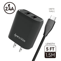 Type C Charger #98 = 2.4A Combo (Wall Adapter with 2 USB Ports + Single Cable) PVC 1.5M / 5FT For Type C