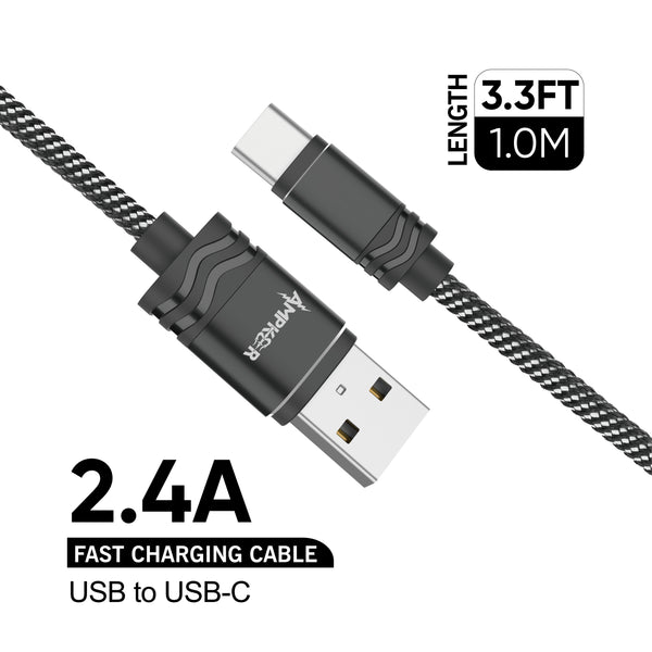 Type C Charger #87 = 3.3FT/1M Nylon Braided USB to Type C Cable - 2.4A 15watt- Silver/Black