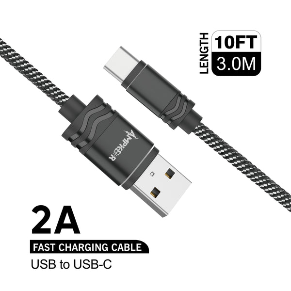 Type C Charger #88 = Loose 10FT/3M Nylon Braided USB to Type C Cable - 2A - Silver/Black