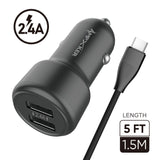 Type C Charger #91 = 2.4A Combo (Car Adapter with Two USB Ports + Single Cable) PVC 1.5M / 5FT For Type C Black