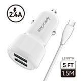 Type C Charger #91 = 2.4A Combo (Car Adapter with Two USB Ports + Single Cable) PVC 1.5M / 5FT For Type C Black