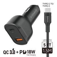 Type C Charger #92 = QC 3.0 + PD 18W Combo (Tough Car Adapter Dual Port + Cable) HQ TPE 1.5M / 5FT Type C to Type C Black
