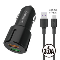 Type C Charger #94 = 2.4A + QC 3.0 Combo (Car Adapter Dual USB Ports + One Cable) TPE 1.5M / 5 FT For USB to Type C Black