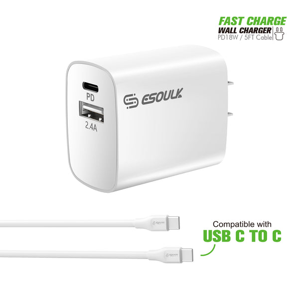 Type C Charger #62 = 18W Wall Charger PD&2.4A USB with 5ft C to C cable