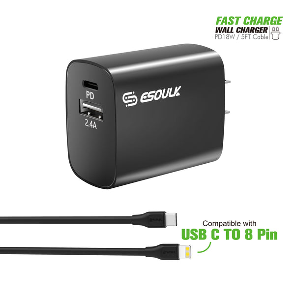 iphone charger Cable #87 = 18W Wall Charger PD&2.4A USB with 5ft C to 8Pin cable