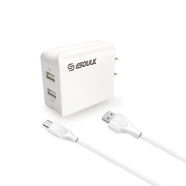 Type C Charger #65 = 2.4A Dual USB Wall Charger & 5FT Cable for Type-C