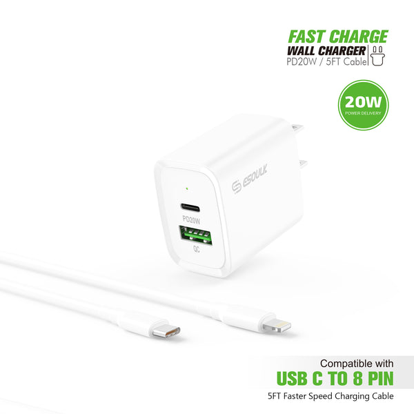 iphone charger Cable #94 = 20W PD/QC Wall Charger & 5FT Cable for C to 8pin
