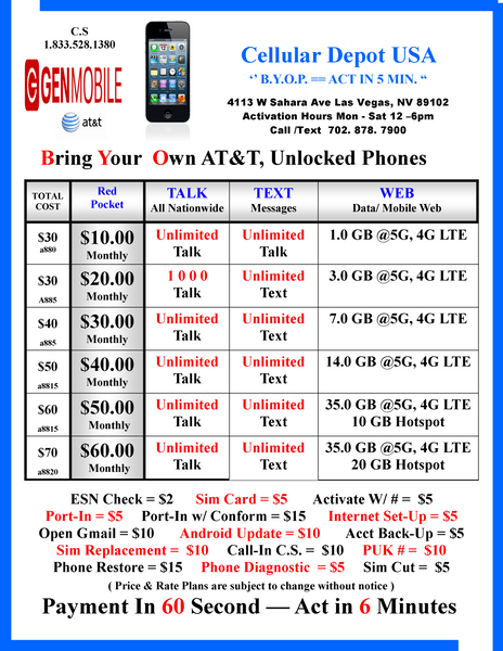 BYOP = Gen Mobile by at&t $60 Unlimited Talk, Text, Web +20gb Hotspot + Sim Kit + New Number