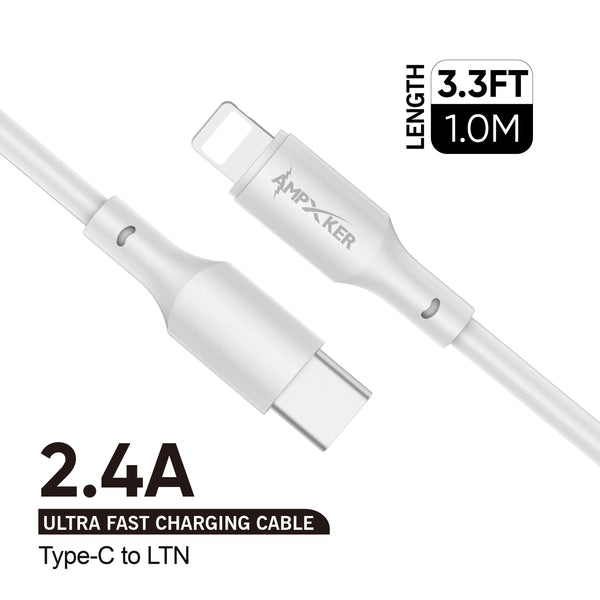 iphone charger Cable #45 = TYPE C to LIGHTNING 2.4A Charging Cable - 3.3FT/1M - White