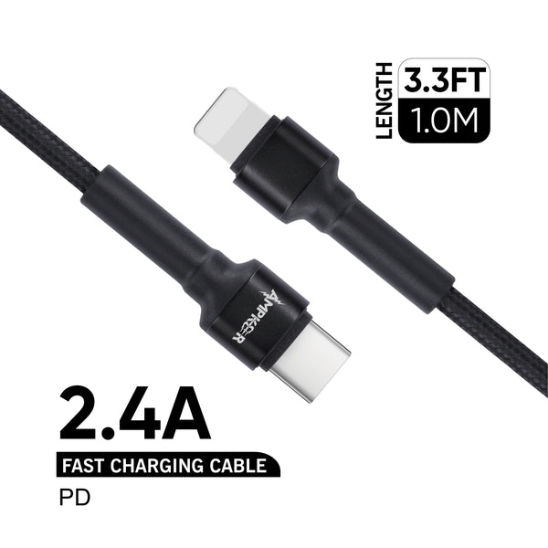 iphone charger Cable #48 = Loose 3.3FT/1M Nylon Braided Type C to LIGHTNING Cable - 2.4A - Black