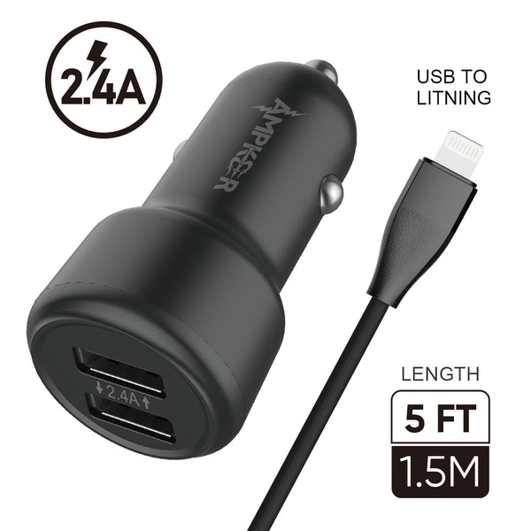 iphone charger Cable #49 = 2.4A Combo (Car Adapter with Two USB Ports + Single Cable) PVC 1.5M / 5FT For USB to Lightning Black