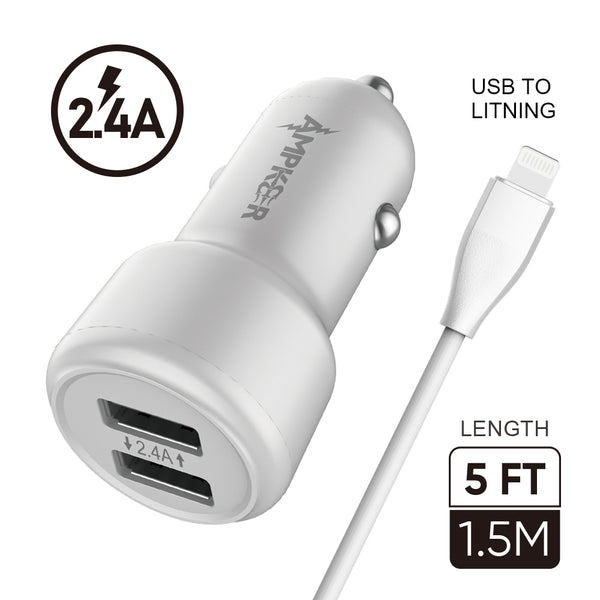 iphone charger Cable #50 = 2.4A Combo (Car Adapter with Two USB Ports + Single Cable) PVC 1.5M / 5FT For USB to Lightning White