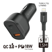 iphone charger Cable #51 = QC 3.0 + PD 18W Combo (Car Adapter Dual Port + Cable) TPE 1.5M / 5FT Type C to Lightning (PD) Black