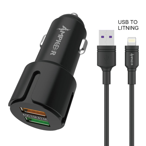 iphone charger Cable #53 = 2.4A + QC 3.0 Combo (Car Adapter with Dual USB Port + Single Cable) TPE 1.5M / 5FT For USB to Lightning Black