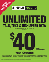 BYOP = Simple Mobile $50 Unlimited Talk, Text, Int'l Text & Data + 5gb hotspot + Intl Talk + Sim Card+ New Number