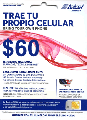 Telcel America $25 Unlimited Talk, Text, Int'l Text + Intl Talk + Sim Card + New Number