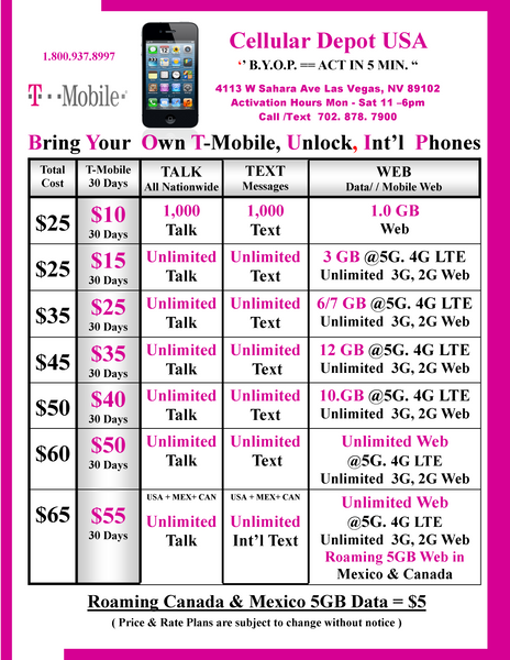 BYOP = T-Mobile $55 Unlimited Talk, Text, Web 5G, 4G LTE Roaming USA, 5GB web CAN, MEX & Sim Kit & New Number